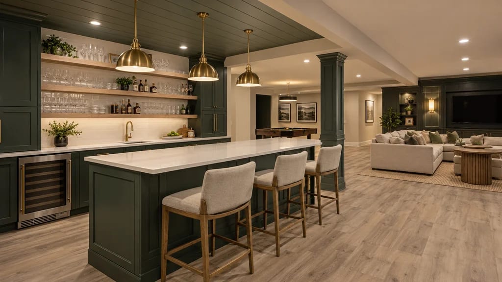 A finished basement with a dark green wet bar and a quartz island