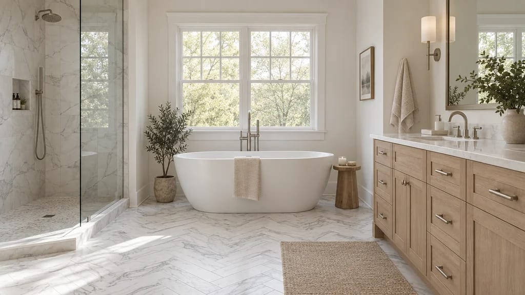 A finished bathroom with a freestanding tub, an oak vanity and a glass shower