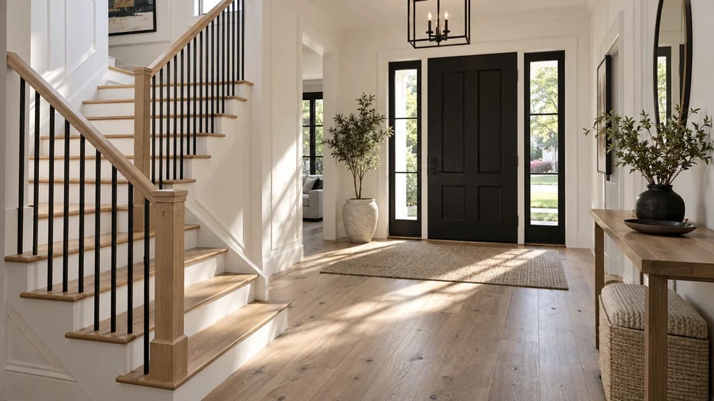 A remodeled entry with white oak stairs and a black front door
