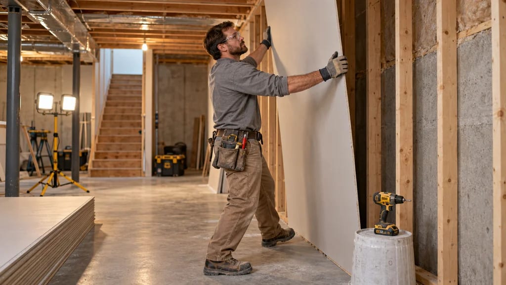 The same basement mid-build: a carpenter lifting a sheet of drywall onto the new framing