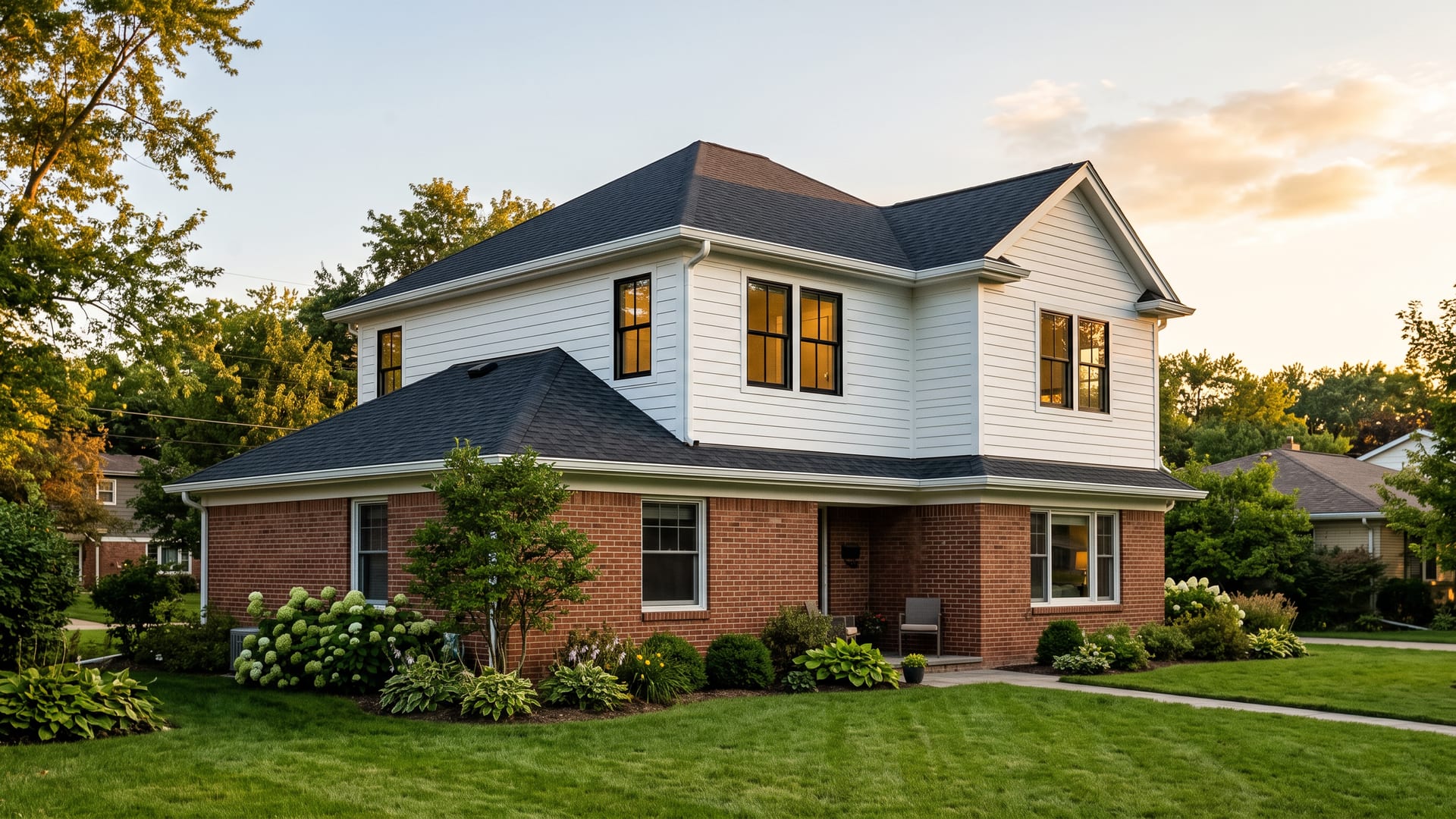 A finished second-storey addition on a Michigan brick ranch at golden hour