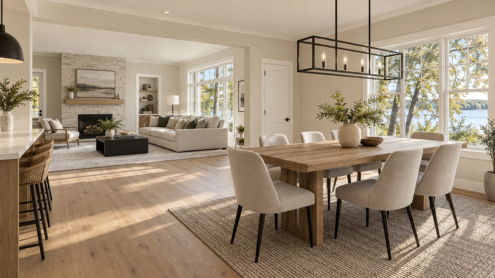 A finished open-plan living and dining room with white oak floors and a linear pendant