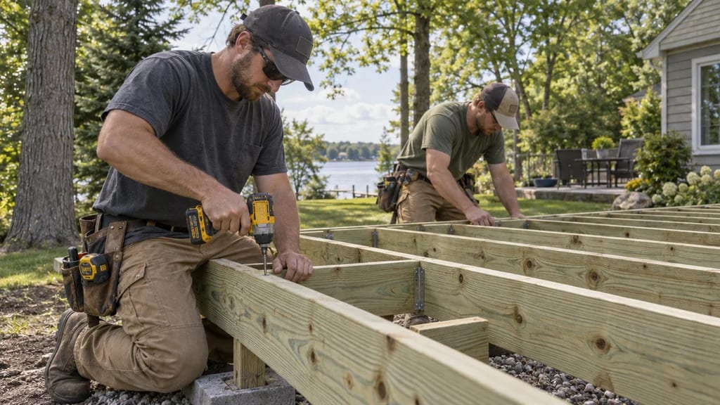 Two carpenters framing joists by a lake