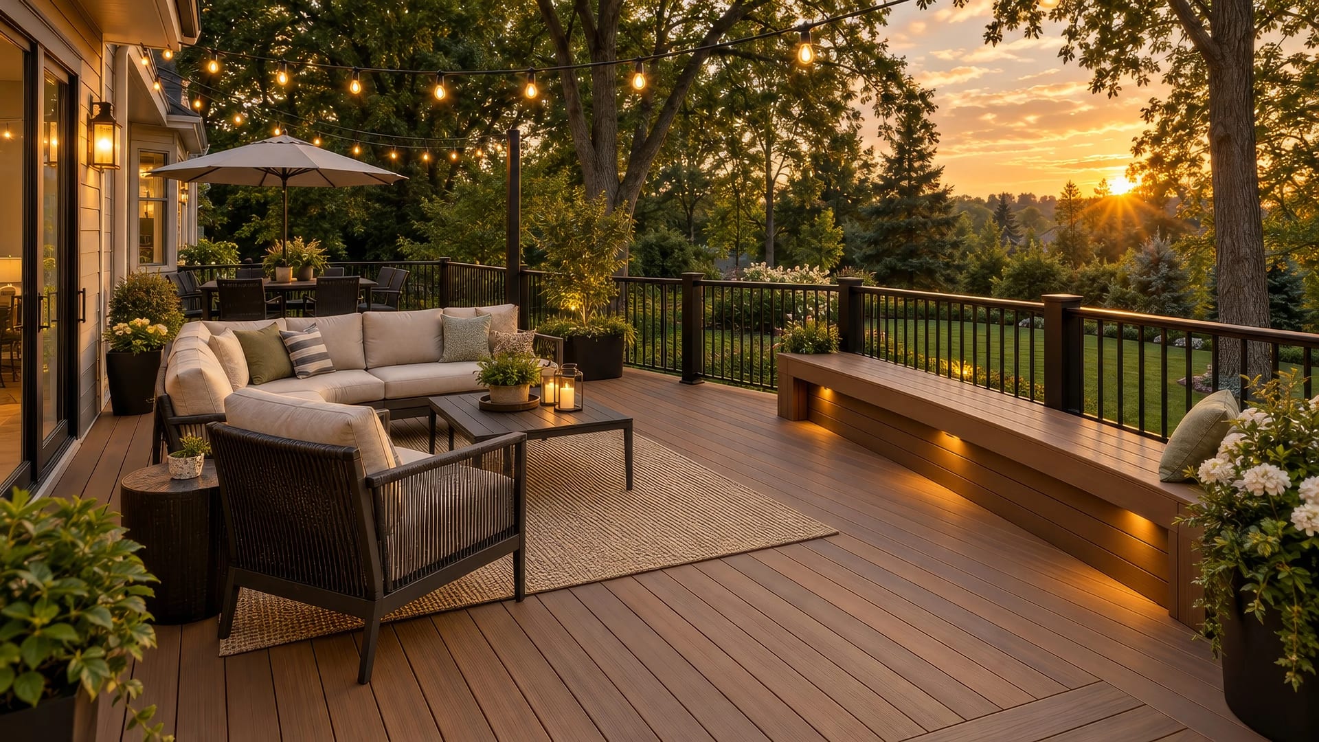 A finished composite deck at dusk with black railing, string lights and outdoor seating