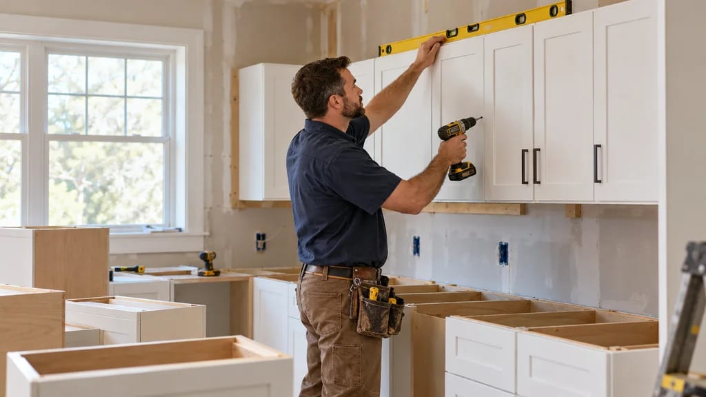 A carpenter levelling and fastening new upper cabinets mid-remodel