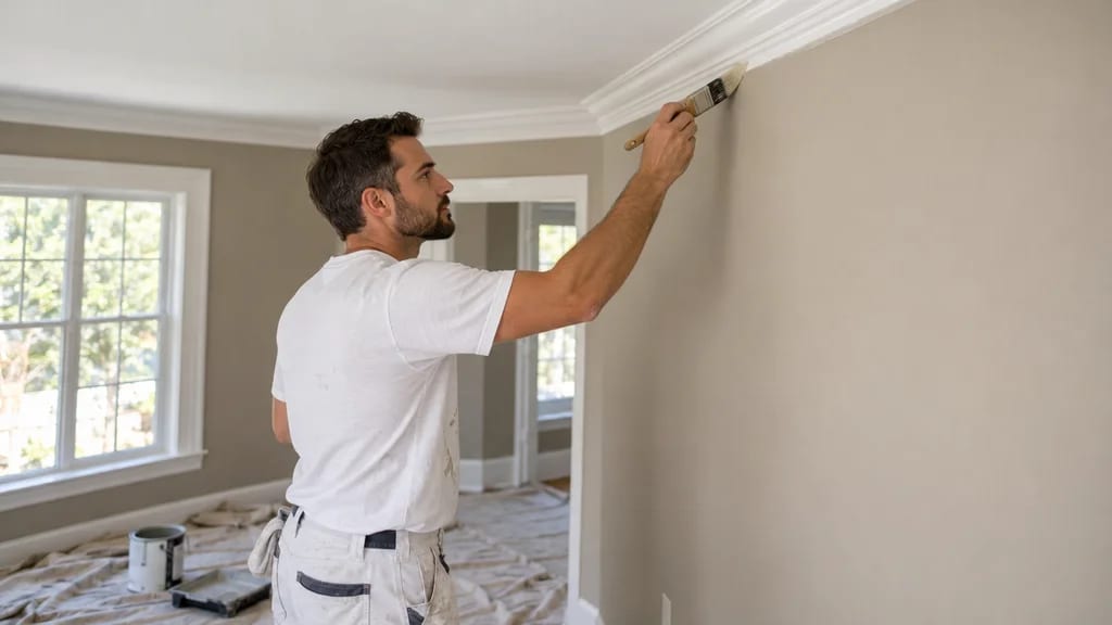 A painter cutting in a ceiling line in a bright room, drop cloths down