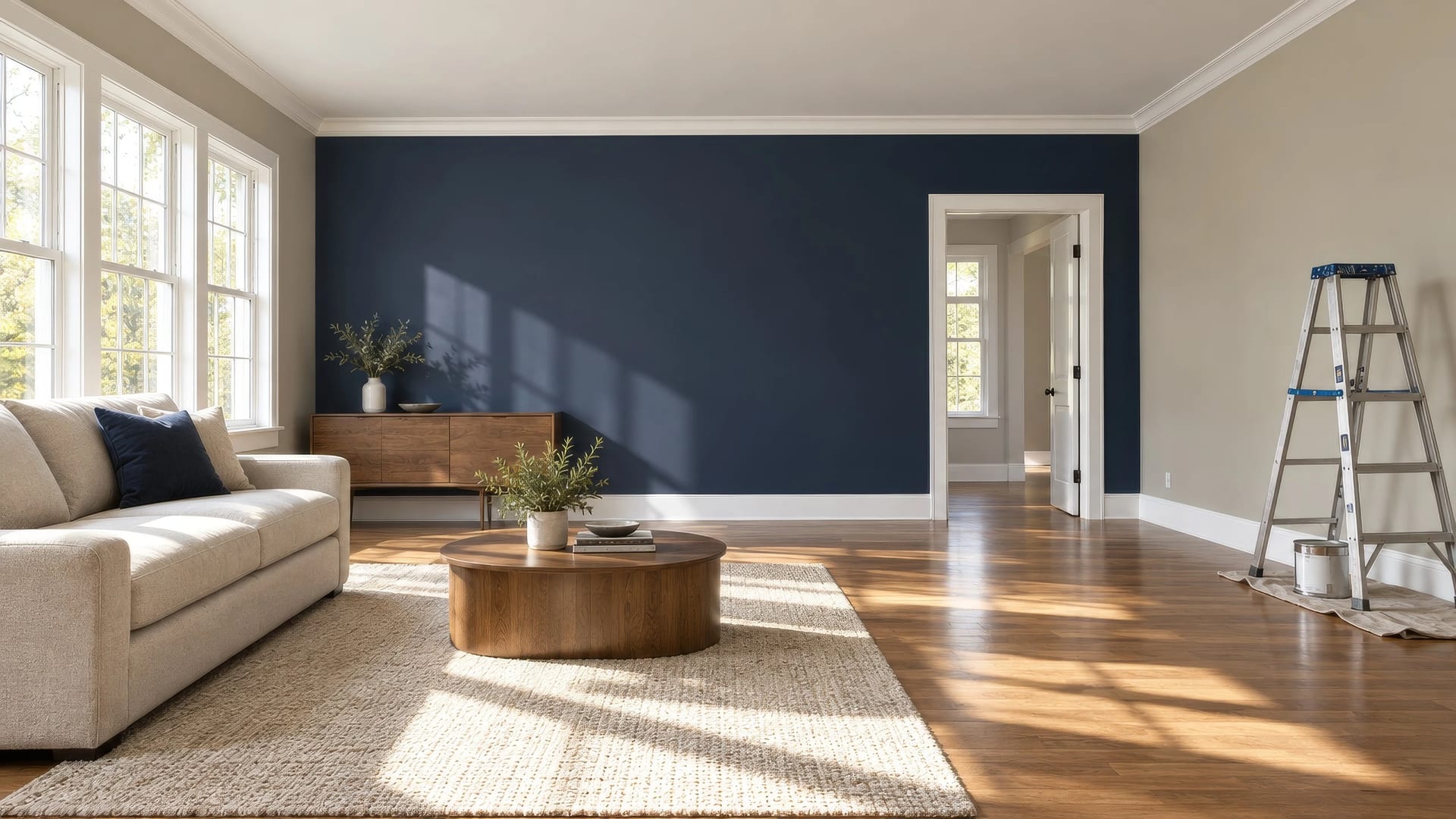 A freshly painted living room with a navy accent wall, the ladder still in the corner