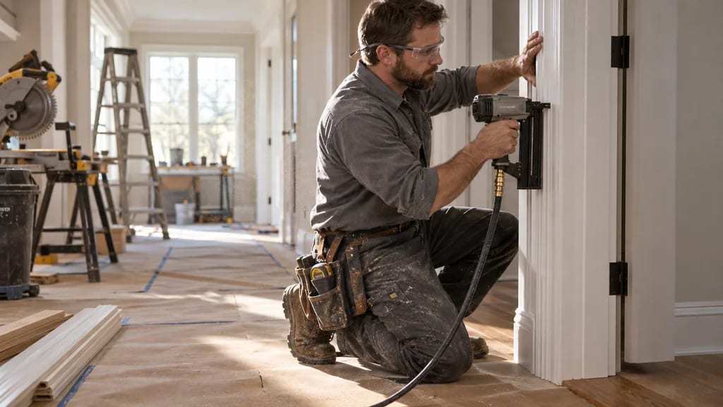 A carpenter fitting a new interior door frame mid-remodel