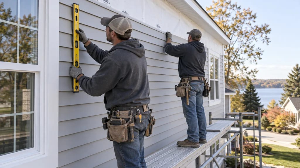 Two installers on scaffolding levelling a course of new lap siding