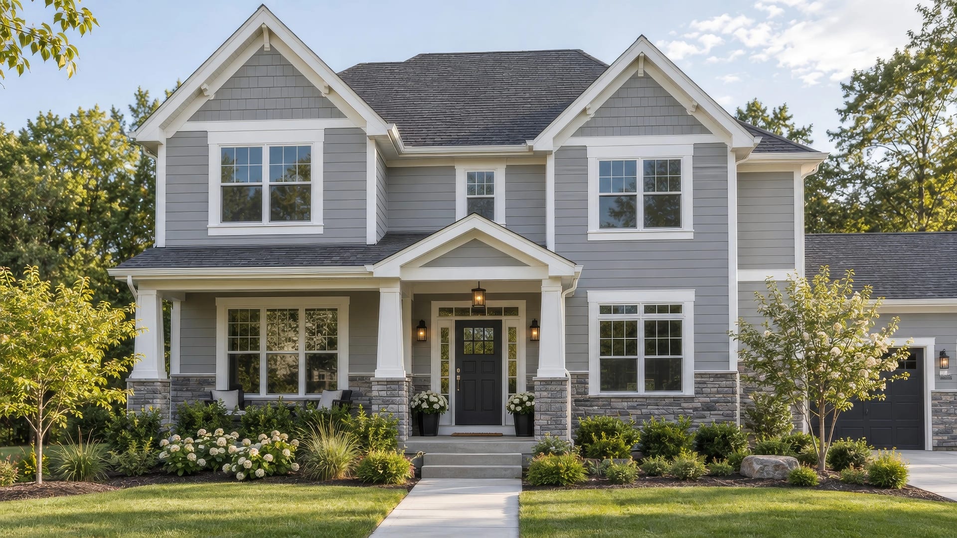 A two-storey home with new grey lap siding, white trim and a stone-clad porch