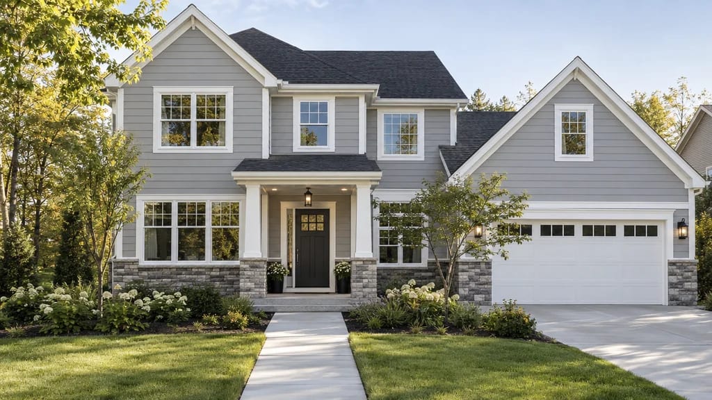 The same home from the drive: new grey siding, stone accents and the attached garage