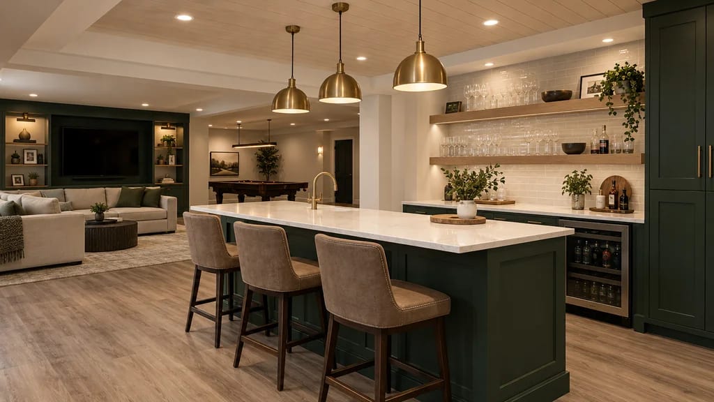 A finished basement with a dark green wet bar, a quartz island and brass pendants