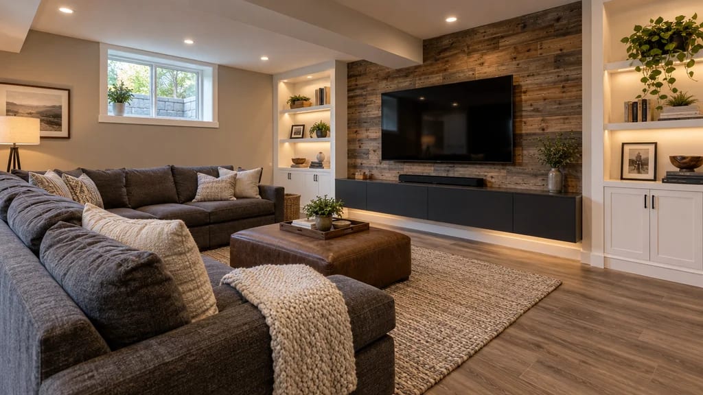A finished basement family room with a reclaimed-wood media wall and built-ins