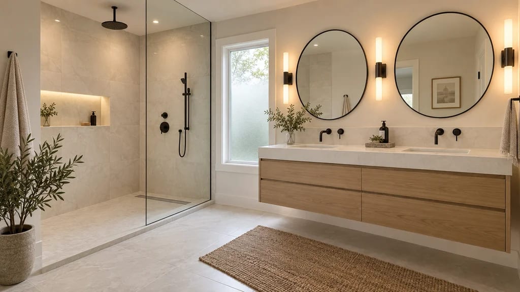 A finished spa-style bathroom: a floating oak vanity, round mirrors and a walk-in shower