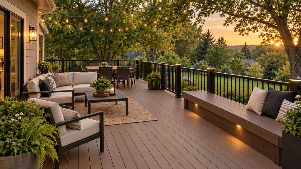 A composite deck at dusk with black railing, built-in lighting and outdoor seating