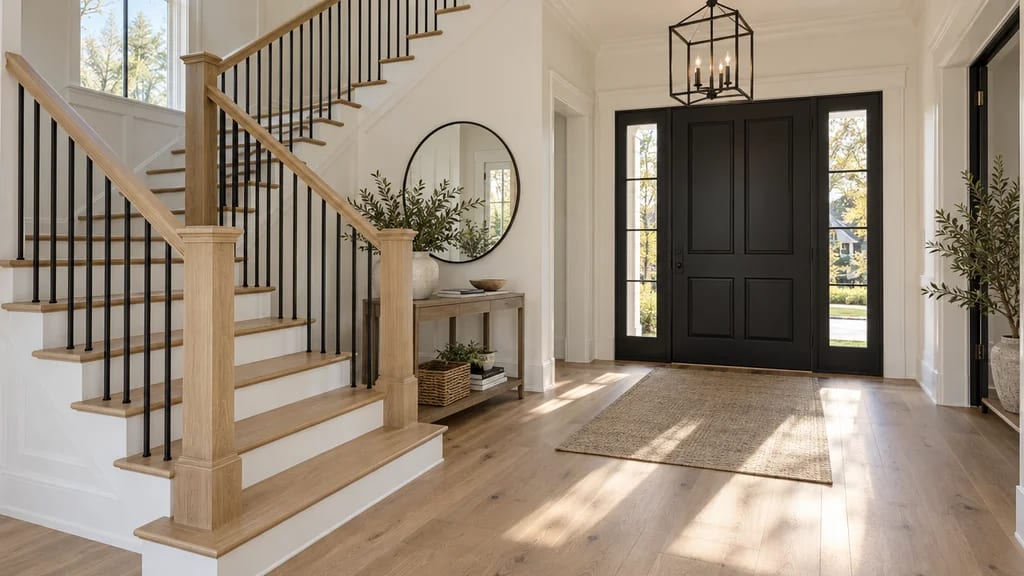 A remodeled entry: white oak stairs with black balusters and a black front door