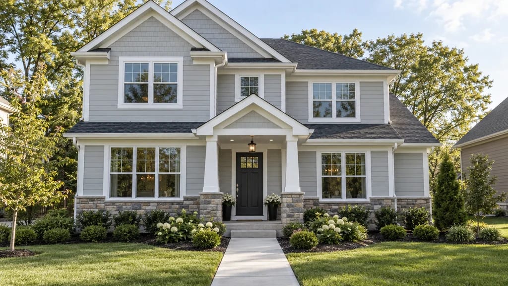 A two-storey home with new grey lap siding, white trim and a stone porch