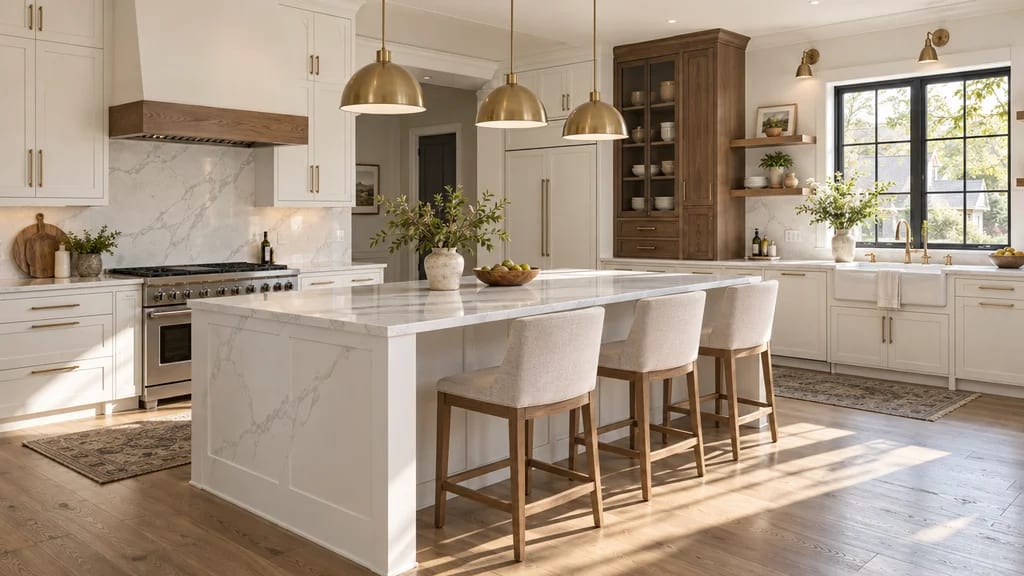 A bright finished kitchen with a white island, wood stools and brass pendants