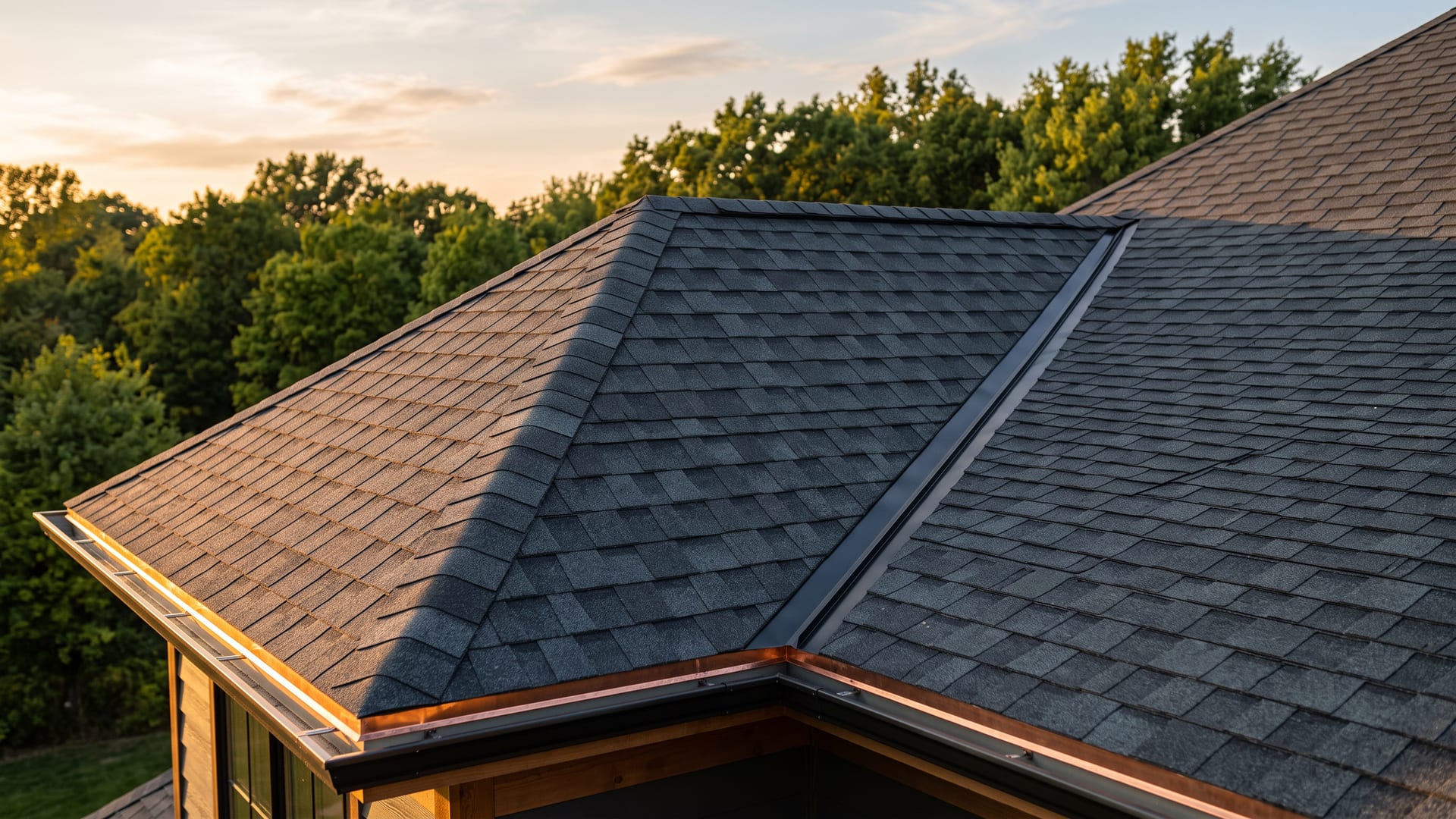 A brand-new charcoal architectural-shingle roof: ridge cap, valley flashing and copper drip edge at golden hour